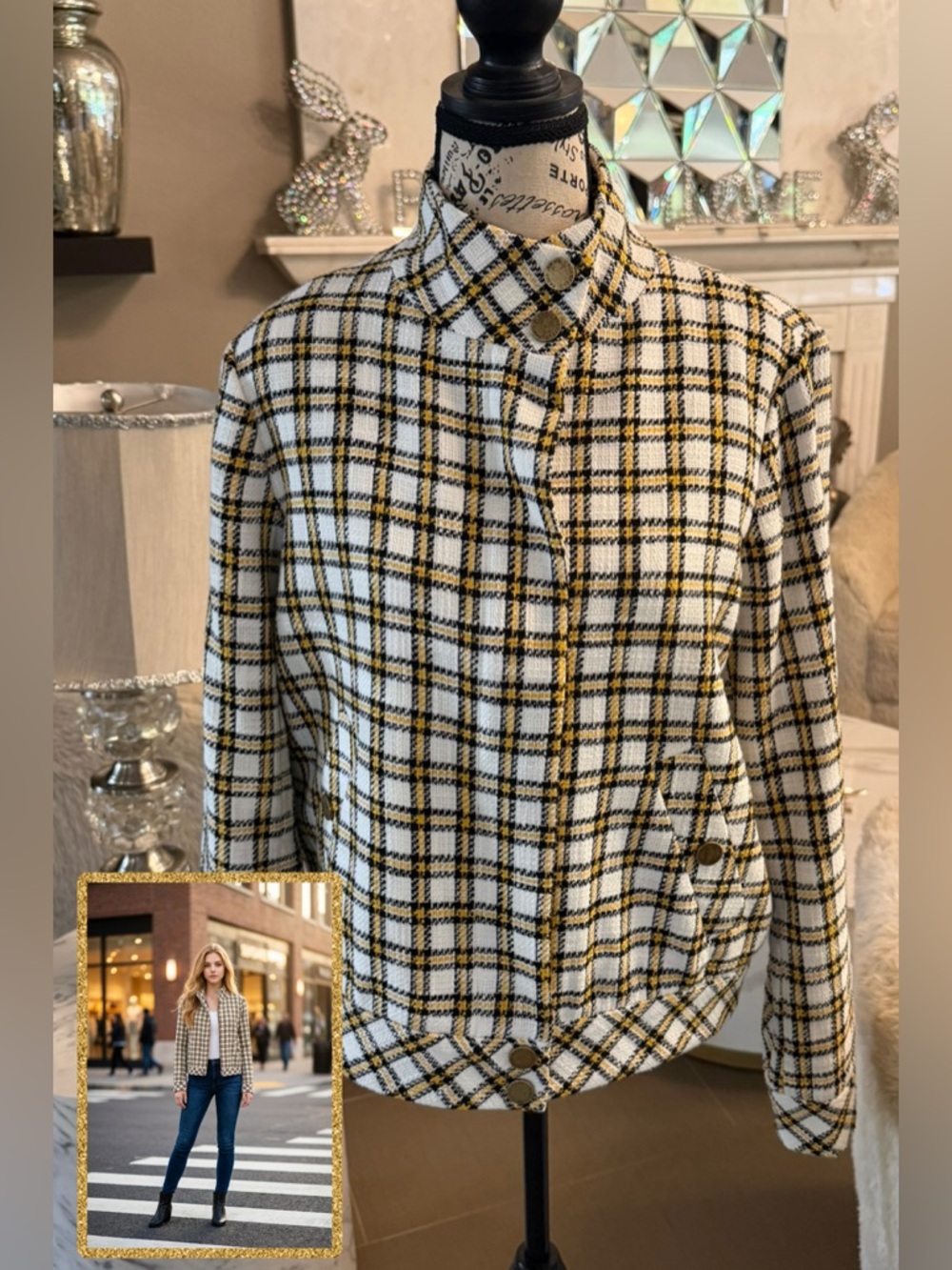 🆕 Karl Lagerfeld Black White & Yellow Plaid Button Jacket/ Bomber Jacket
